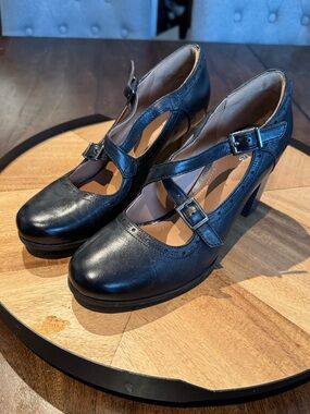 Clarks Women's Black Mary Jane Heels with Buckle Straps